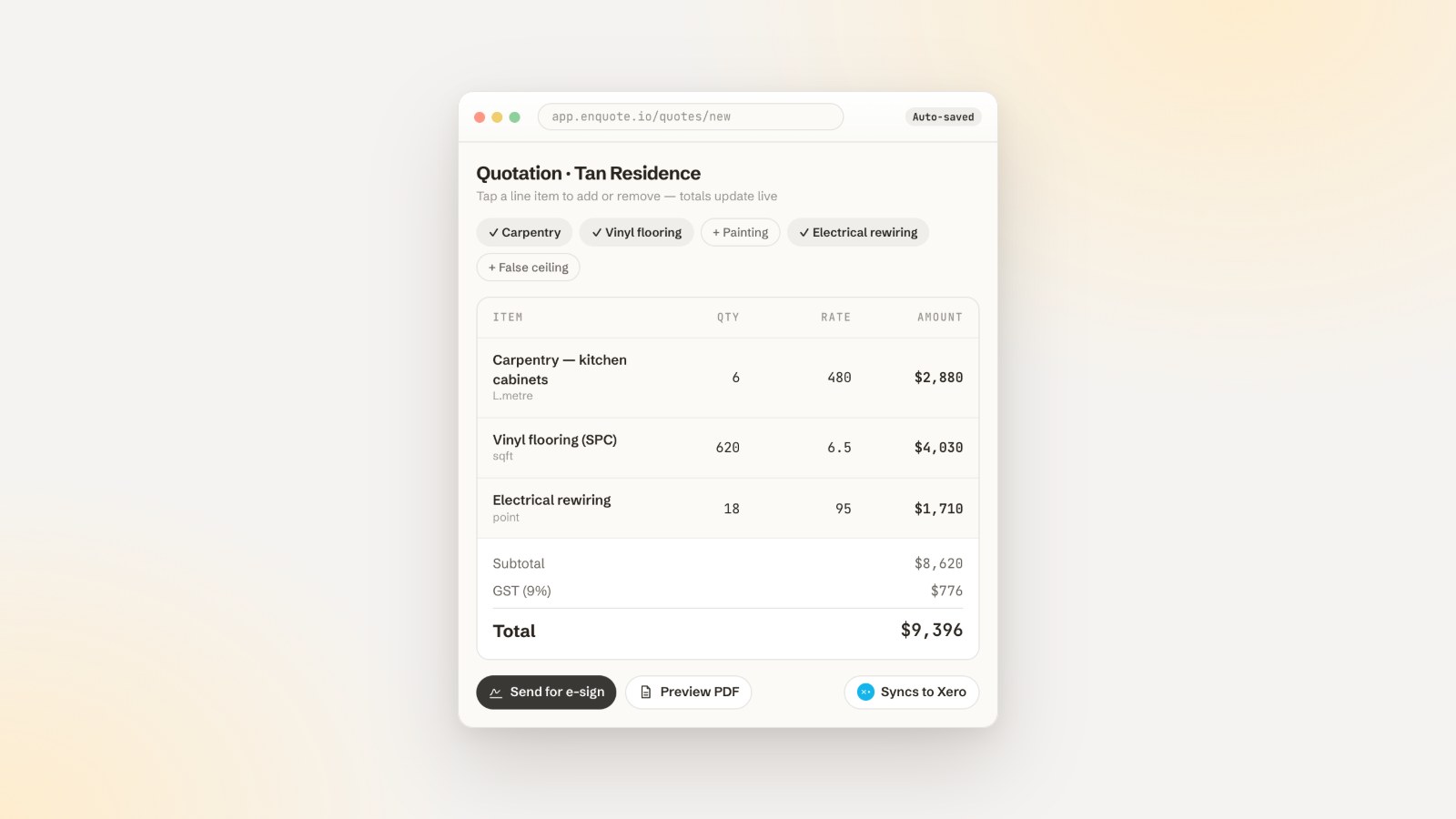 An itemised renovation quotation with GST and e-sign in EnQuote