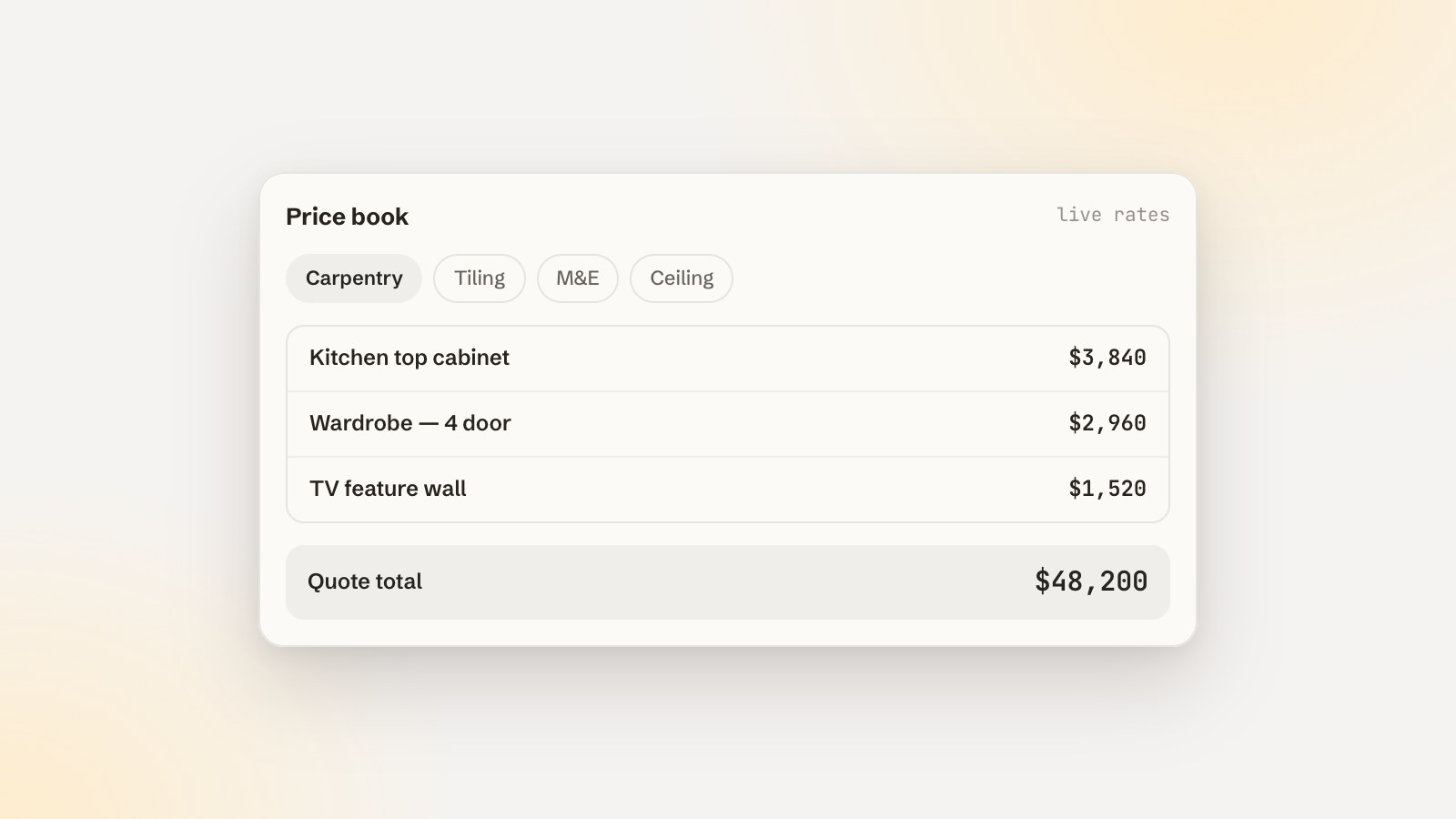 A shared price book with carpentry rates in EnQuote